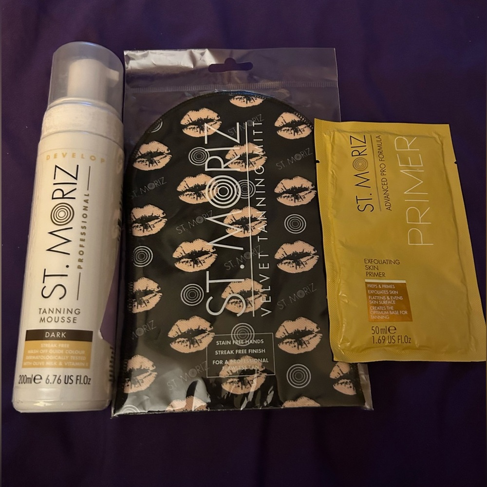 St. Moriz Professional Tanning Mousse Dark, Mitt, and Primer.. NNIB..never used.